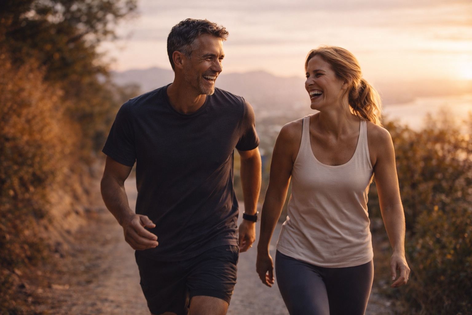 Active couple jogging at sunset